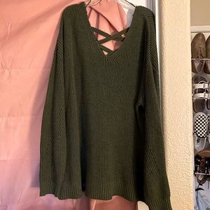 ana Olive Green Oversized Off the Shoulder Sweater